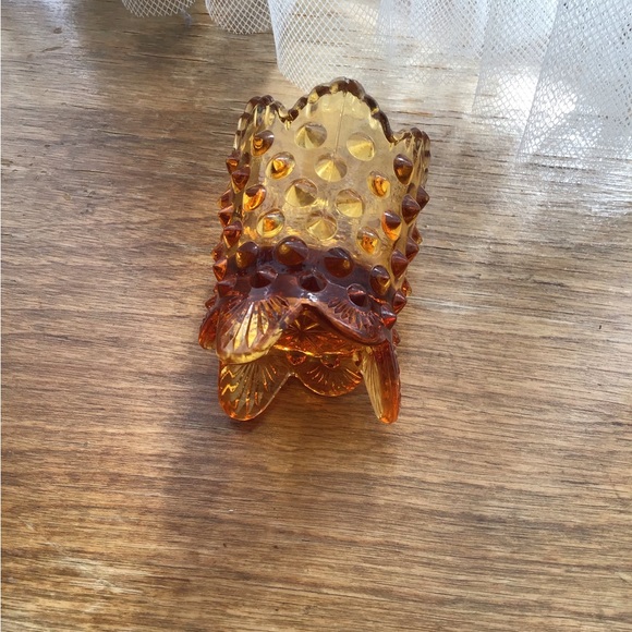 VINTAGE FENTON HOBNAIL AMBER GLASS TOOTHPICK HOLDER GLOWY - Picture 4 of 14
